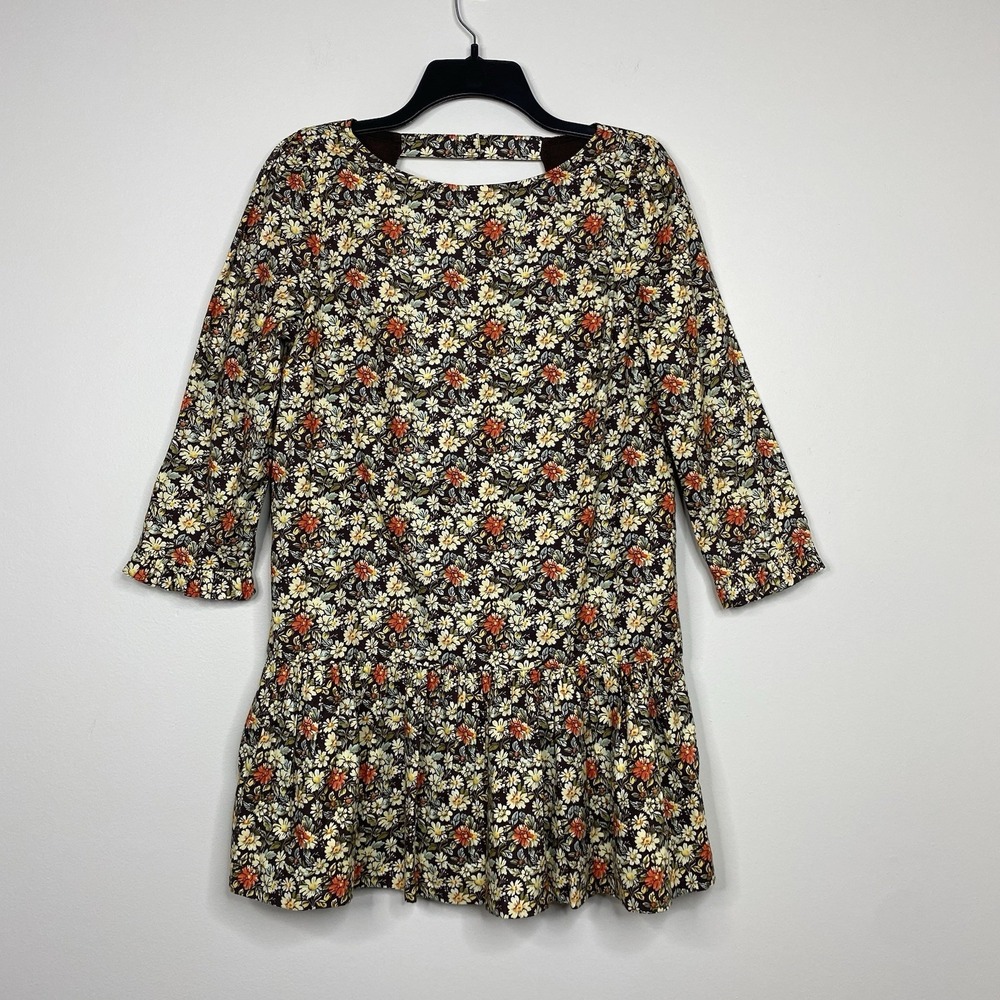 Free People The Avenue Mini Dress Brown Floral Printed Ruffle Cutout‎ 3/4 Sleeve